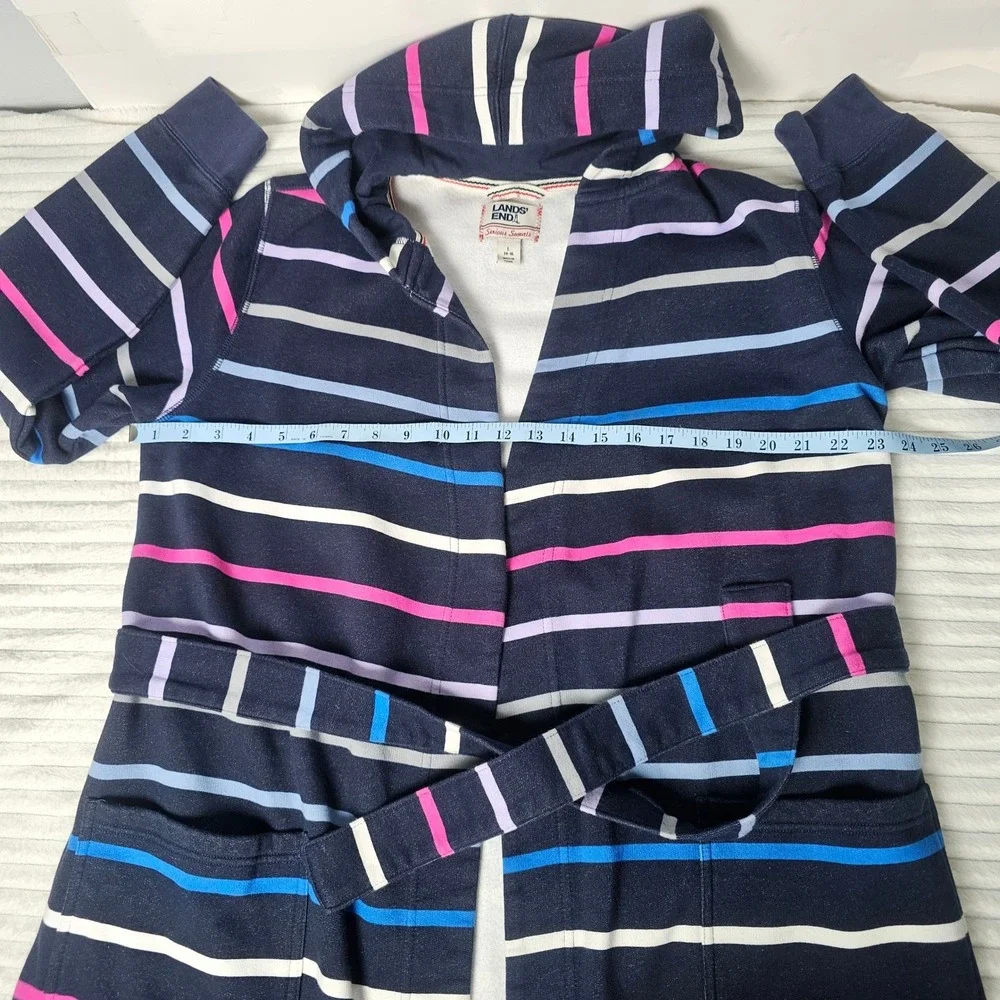 Lands End Serious Sweats Hooded Robe Womens L 14/16 Navy Striped Bathrobe Fleece